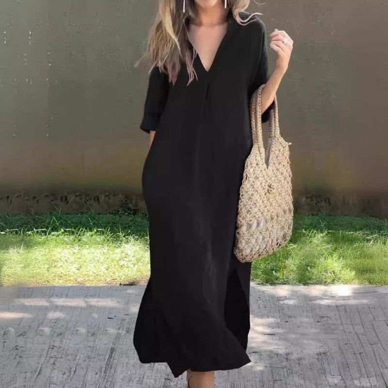 Lucija – Klassisches Kleid mit V-Ausschnitt und Seitenschlitz